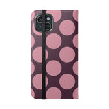 Cover portafoglio in pelle vegana per iPhone 15 Plus – Design a pois Polka Dot rosa prugna