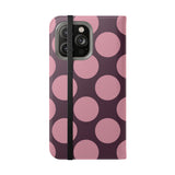 Cover portafoglio in ecopelle per iPhone 14 Pro Max – design Polka Dot color prugna rosa
