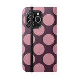 Cover portafoglio in pelle vegana per iPhone 15 Pro – Design a pois Polka Dot rosa prugna