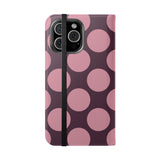 Cover portafoglio in pelle vegana per iPhone 16 Pro Max – Design a pois Polka Dot rosa prugna