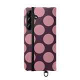 Cover portafoglio in pelle vegana per Samsung Galaxy S25 Plus - design a pois Polka Dot color prugna rosata