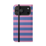 Cover portafoglio in pelle vegana per iPhone 17 Pro Max – design a righe Periwinkle Dream