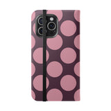 Cover portafoglio in pelle vegana per iPhone 15 Pro Max – Design a pois Polka Dot rosa prugna