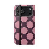 Cover portafoglio in pelle vegana per iPhone 17 Pro Max – Design a pois Polka Dot rosa prugna