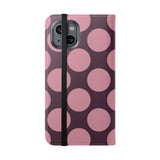 Cover portafoglio in pelle vegana per iPhone 14 – Design a pois Polka Dot rosa prugna