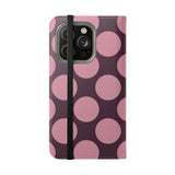 Cover portafoglio in ecopelle per iPhone 14 Pro – design Polka Dot color prugna rosa
