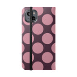 Cover portafoglio in pelle vegana per iPhone 14 Plus - design a pois Polka Dot color prugna rosata