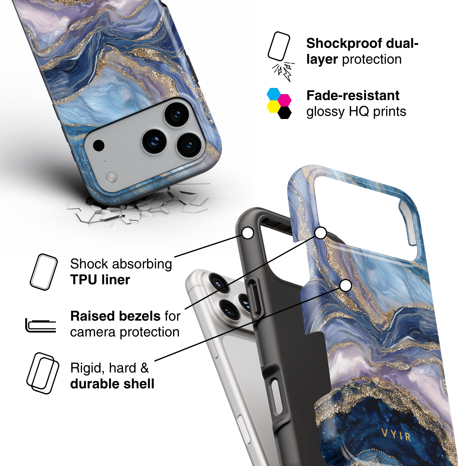 Golden Luxe Marble Blue - Shockproof Phone Case - VYIR