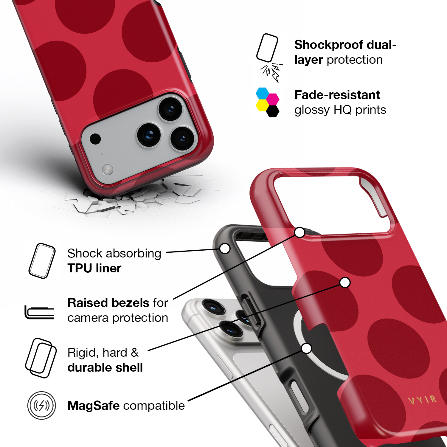 Large Polka Dots, Crimson Red - Shockproof MagSafe iPhone Case - VYIR