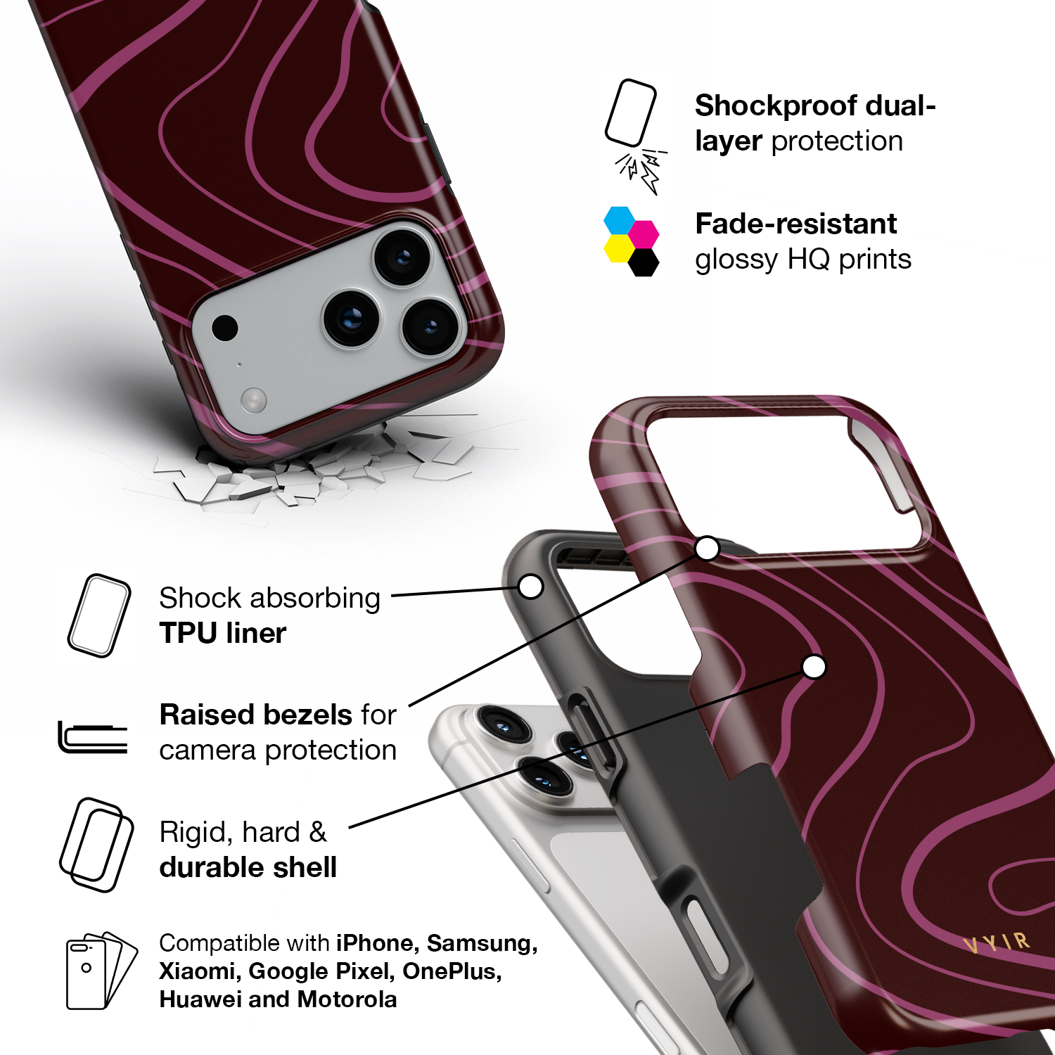 Swirl Lines, Burgundy - Shockproof Phone Case - VYIR