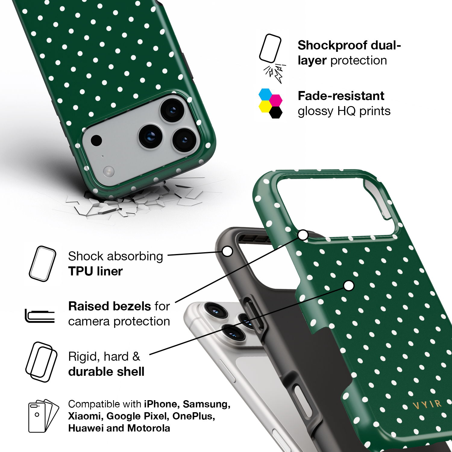 Tiny Polka Dots, Forest Green - Shockproof Phone Case - VYIR