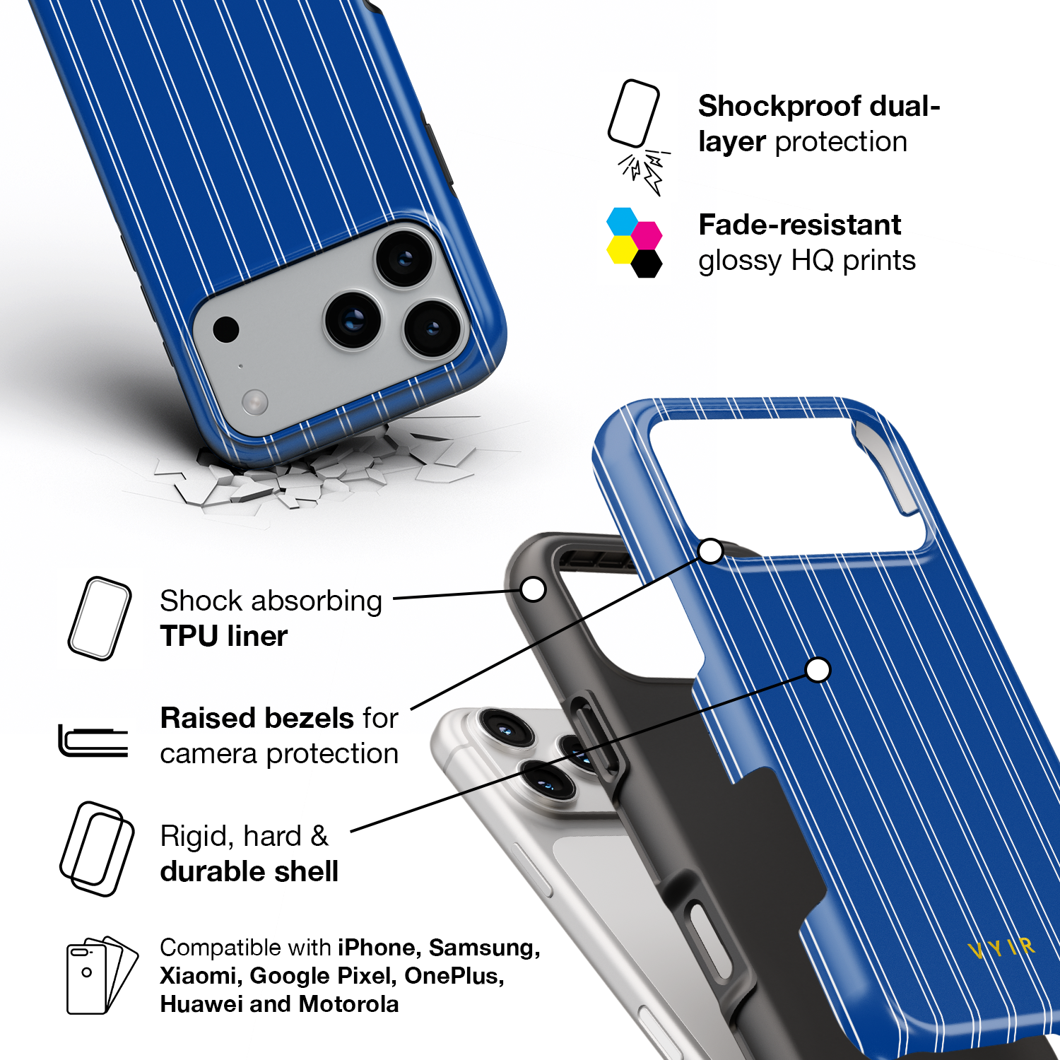 Vertical Stripes, Mediterranean Blue - Shockproof Phone Case - VYIR