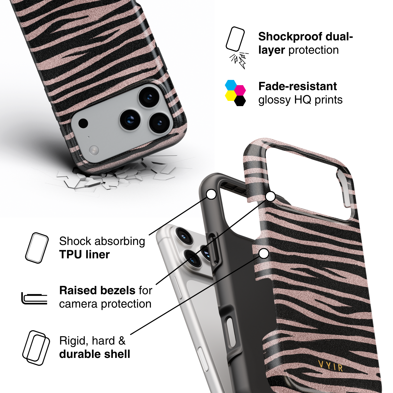 Zebra Gleam Rose Gold - Shockproof Phone Case - VYIR