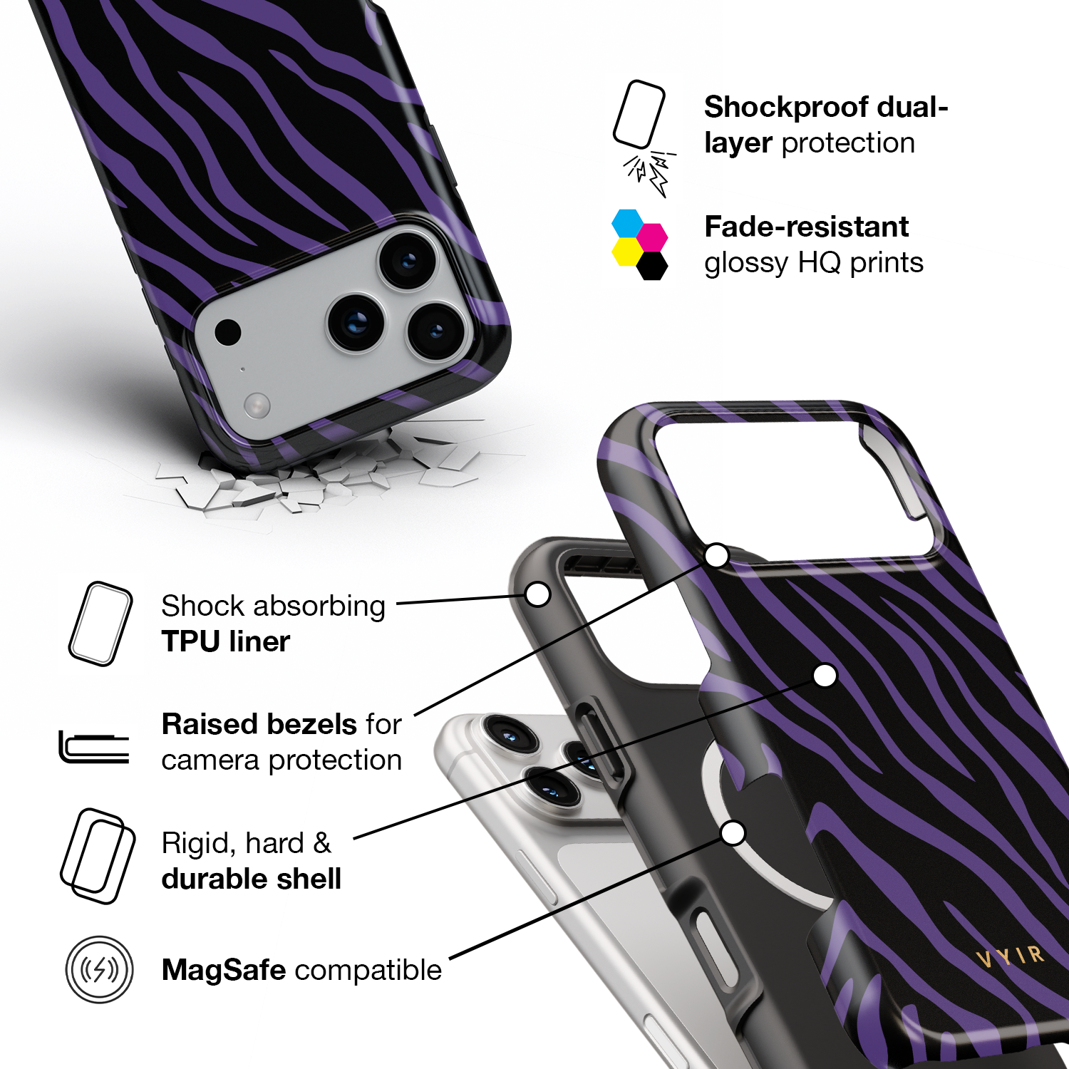 Zebra Luxe, Violet - Shockproof MagSafe iPhone Case - VYIR