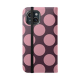 Cover portafoglio in pelle vegana per iPhone 15 – Design a pois Polka Dot rosa prugna