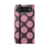 Cover portafoglio in pelle vegana per iPhone 17 Air – Design a pois Polka Dot rosa prugna